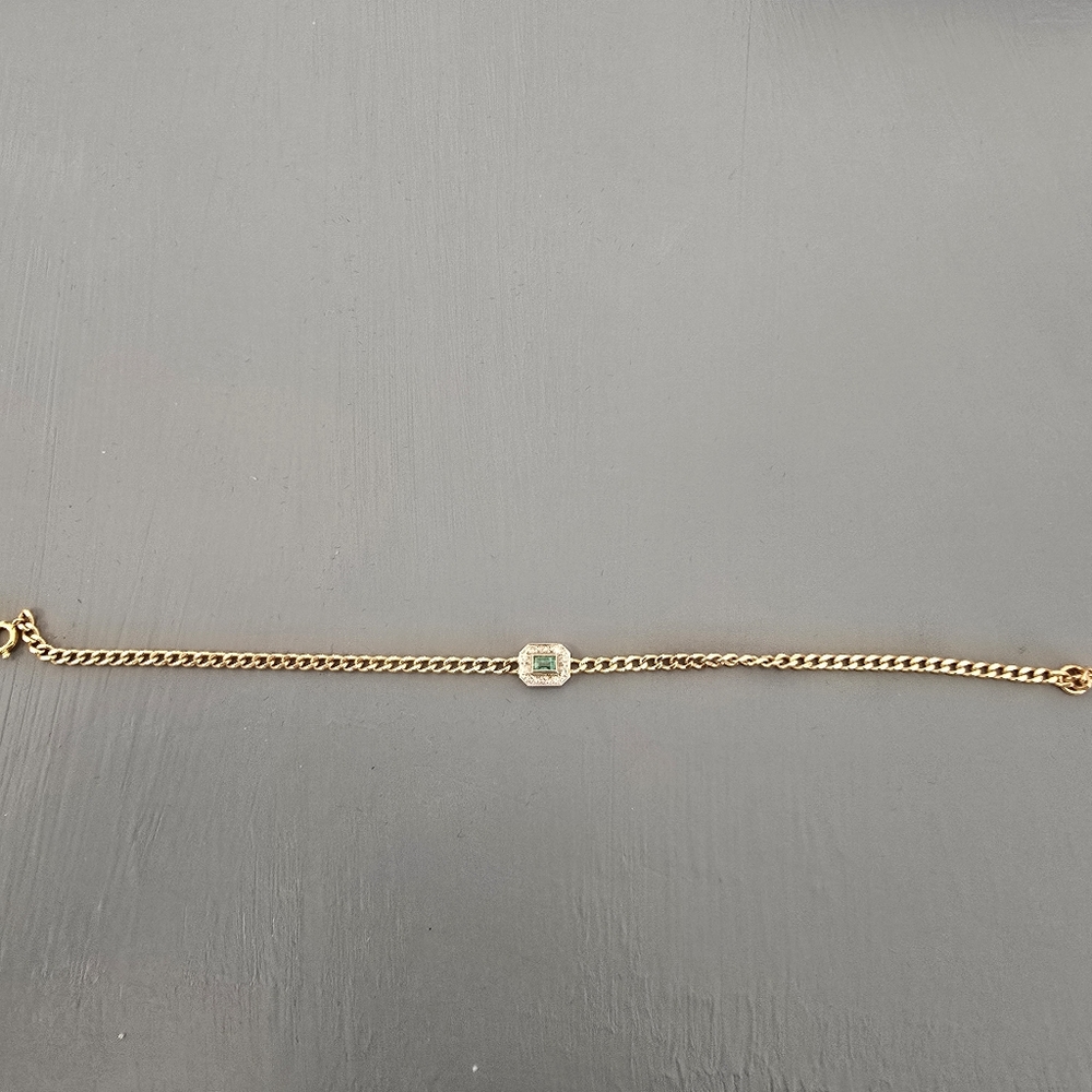 Two Tone Gold Plated Lab Created Emerald Bracelet. 6.75In - Picture 3 of 4